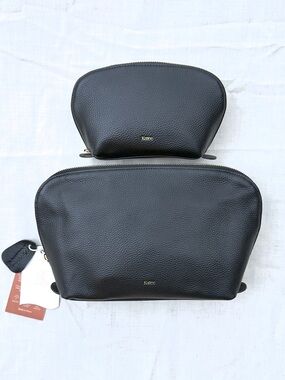 Kattee Black Pebbled Leather Travel Cosmetic Zip Pouch Set - 2 Pieces